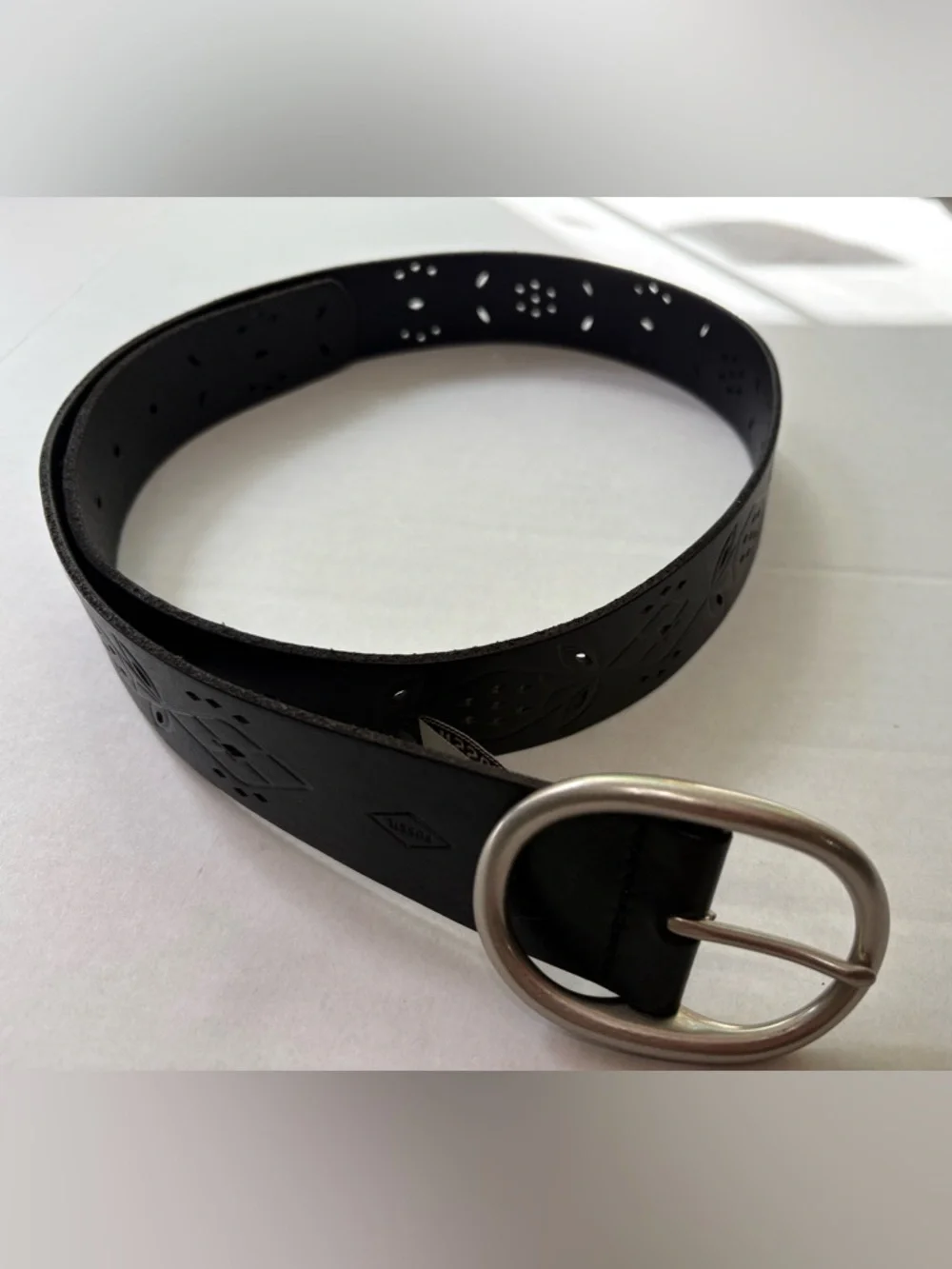 Fossil Black Leather Belt - Boho Perforated Geometric Design - Size M  Y2K